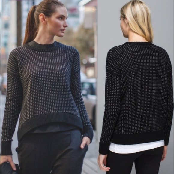 Lululemon Yogi Crew Neck Merino Wool Fisherman Sweater in Bird's Eye Black Size - Picture 1 of 12